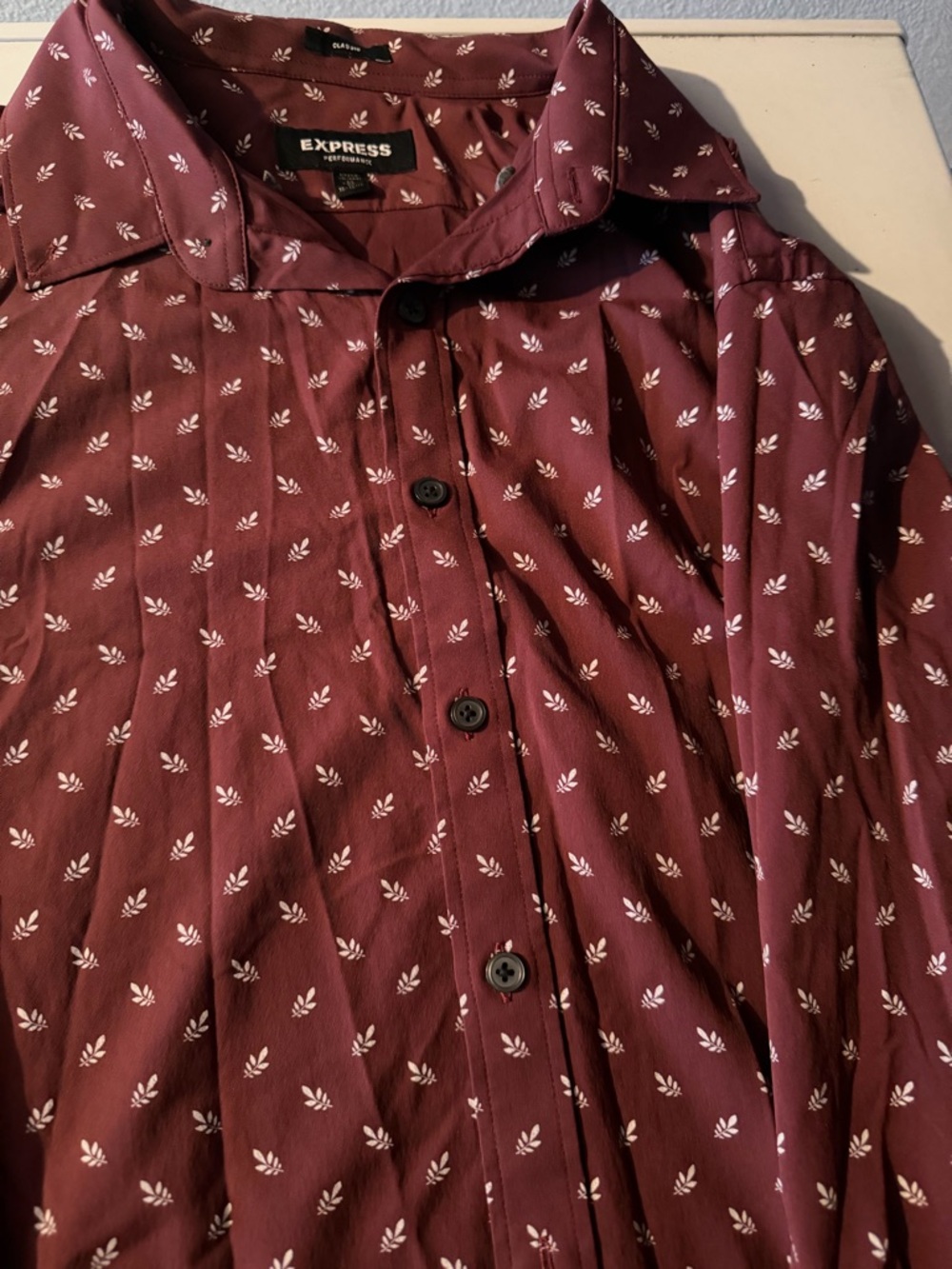 Express Burgundy Shirt with White Leaf Motif